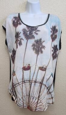 Edista Gray White Graphic Print Capped Sleeves Top XL Lightweight Soft Stretch